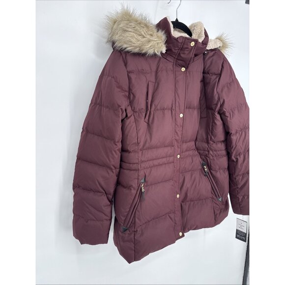 Lauren Ralph Lauren womens XL Burgundy Down Puffer Coat Faux Fur Hooded Jacket - Picture 3 of 10
